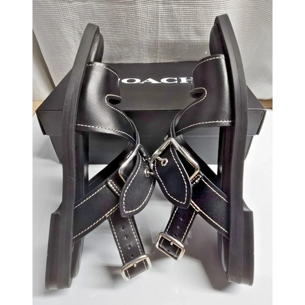 Coach Women's Archival‎ Buckle Flat Sandal Platform Black white trim 8 B